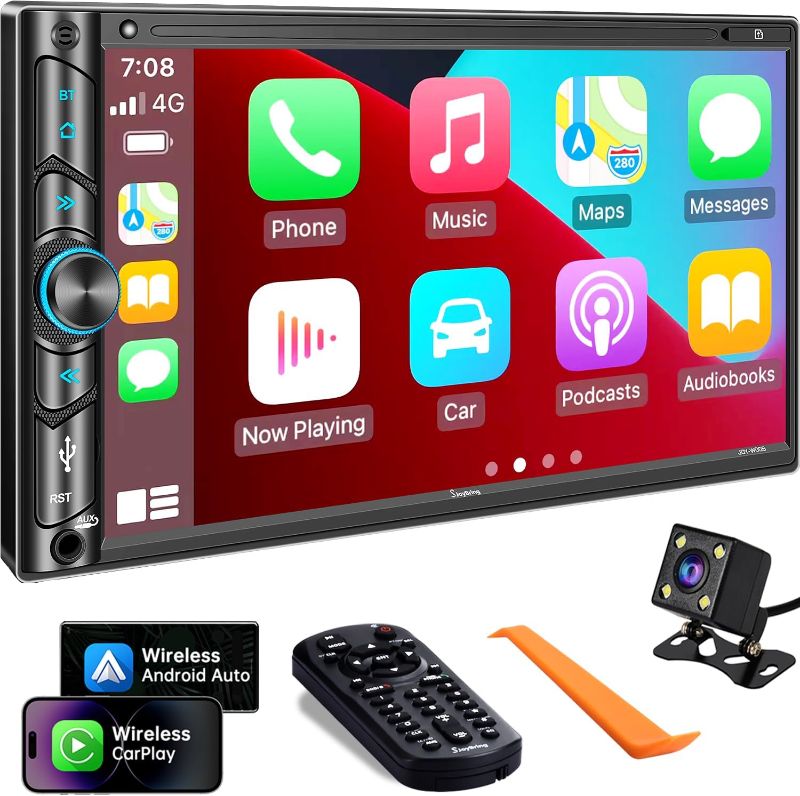 Photo 1 of Double Din Car Stereo Compatible with Voice Control Apple Carplay - 7 Inch HD LCD Touchscreen Monitor, Bluetooth, Subwoofer, USB/SD Port, A/V Input, AM/FM Car Radio Receiver, Backup Camera
