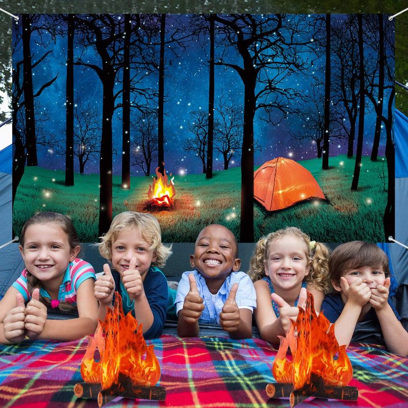 Photo 1 of Forest Scene Camping Backdrop Camping Photography Background Camping Photo Backdrop and 2 Sets 3D Decorative Cardboard Campfire Centerpiece Artificial Fire Party Decoration for Camping Theme Party
