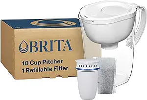 Photo 1 of Brita Tahoe Water Filter Pitcher with SmartLight Filter Change Indicator, BPA-Free, 80% Less Plastic*, Lasts Two Months, Includes 1 Filter Shell and 1 Refillable Filter, Large, 10-Cup Capacity, White 