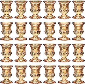 Photo 1 of Glass Taper Candle Holders for Candlesticks 2.5 Inches High Modern Ritual Clear Candlestick Holders for Wedding Party Festival Dinning Table Decoration(Amber Color, 24 Packs) 