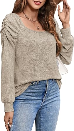 Photo 1 of BZB Tunic Tops for Women Loose Fit Square Neck Puff Long Sleeve Shirts Casual Fall Shirts 