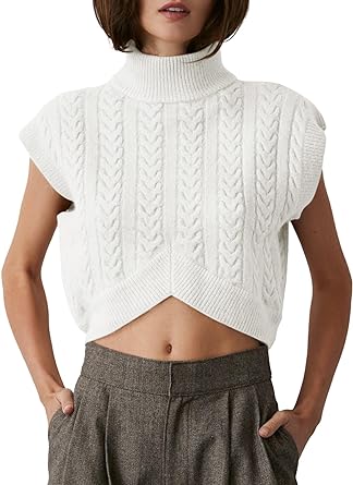 Photo 1 of Saodimallsu Womens Cap Sleeve Crop Top Mock Neck Spring Summer Going Out Trendy Cable Knit Sweater Vest Tank Tops 