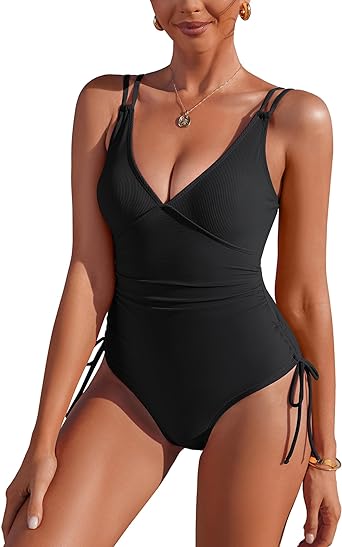 Photo 1 of AI'MAGE Women's One Piece Swimsuit Tummy Control Swimsuits V Neck Ribbed Bathing Suits with Sides Drawstring LARGE