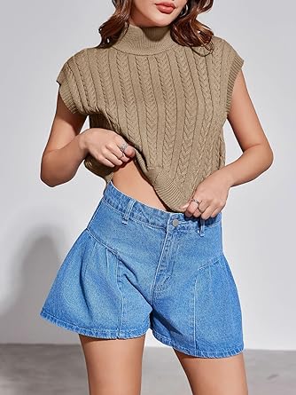 Photo 1 of Saodimallsu Womens Cap Sleeve Crop Top Mock Neck Spring Summer Going Out Trendy Cable Knit Sweater Vest Tank Tops
