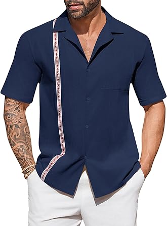 Photo 1 of Runcati Mens Guayabera Linen Shirt Button Down Cuban Collar Short Sleeve Beach Casual Summer Shirts 