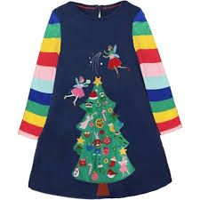 Photo 1 of  Little Girls Long Sleeved Dresses Christmas Winter Cotton Casual Cute Party Christmas Tree Dress--4T 