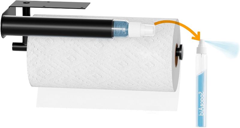 Photo 1 of SpaceAid SprayNeat 2 in 1 Paper Towel Holder with Spray Bottle, Under Cabinet Paper Towels Holders with Sprayer Inside, Hanging Wall Mount Papertowels Roller for Kitchen (Black) 