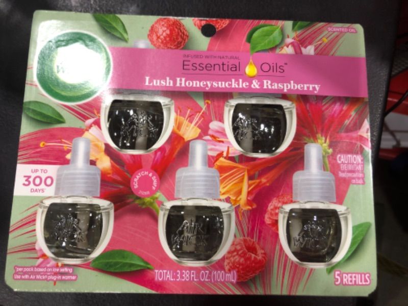 Photo 2 of Air Wick Plug in Scented Oil Refill, 5 ct, Lush Honeysuckle and Raspberry, Air Freshener, Essential Oils, Spring Collection Lush Honeysuckle and Raspberry 5 Count (Pack of 1)