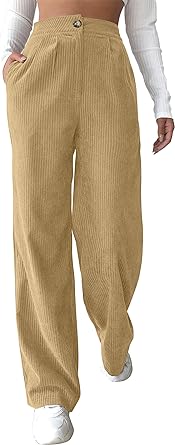 Photo 1 of CXXQ Corduroy Pants Women Casual Elastic Waist Wide Leg Pants Retro Trouser with Split Legs and Pockets --MED