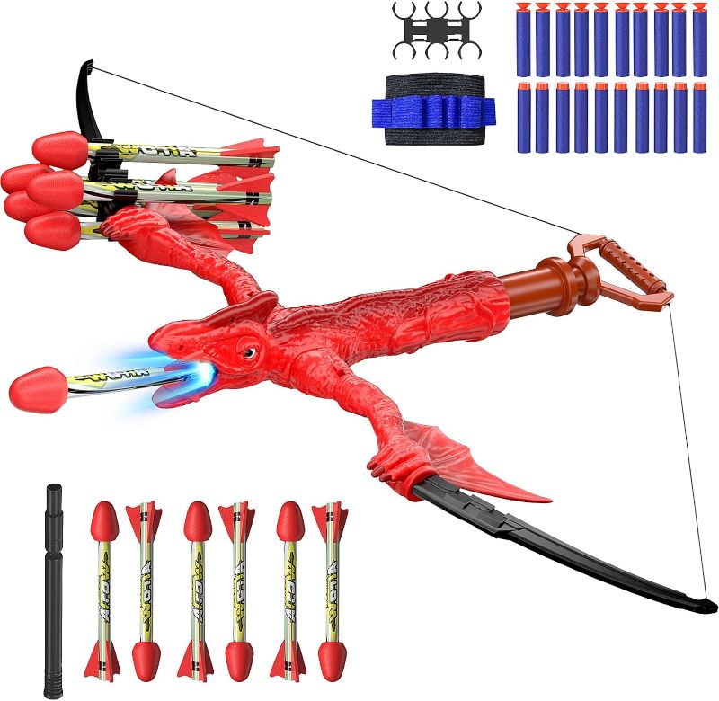 Photo 1 of Lologot Dinosaur Toys, Bow and Arrow Set for Kids, Archery Set with 6 Foam-Tipped Arrows, RC Servo Gears, 20 Bullets, and a Wristband, Christmas Birthday Gifts for 4-12 Boys and Girls (Red)