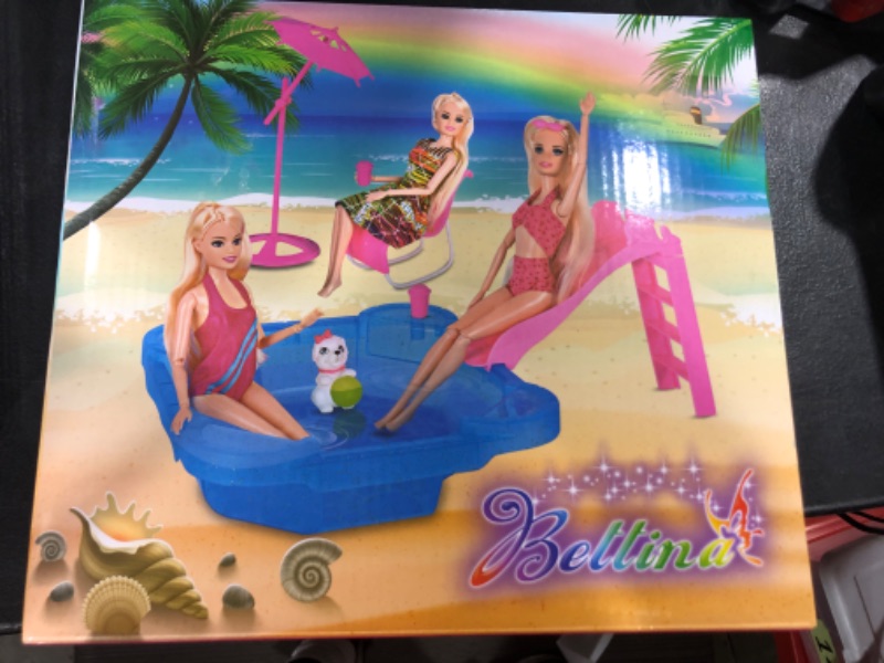 Photo 2 of BETTINA Pool Playset - Glam Pool with Slide, Doll Pool Accessories Includes Beach Chair, Beach Umbrella, Dog, Swimming Pool Set for 12 Inch Dolls, Bath Toys for Dolls Without Dolls