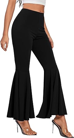 Photo 1 of LYANER Women's Casual High Waist Ruffle Flare Pants Wide Leg Solid Stretchy Bell Bottom ---XL 