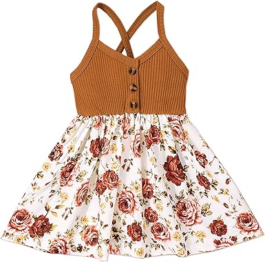 Photo 1 of Baby Girl 95% Cotton Ribbed Button Front Spaghetti Strap Splicing Floral Print Dress with Headband Set -/6 MONTHS