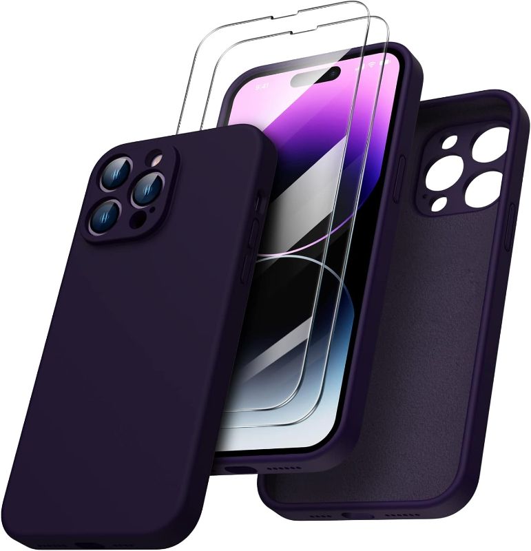Photo 1 of ORNARTO Designed for iPhone 14 Pro Max Case with 2 Pack Screen Protector, Liquid Silicone Full Cover, Shockproof Protective Gel Rubber Phone Case, 6.7 inches, Dark Purple 