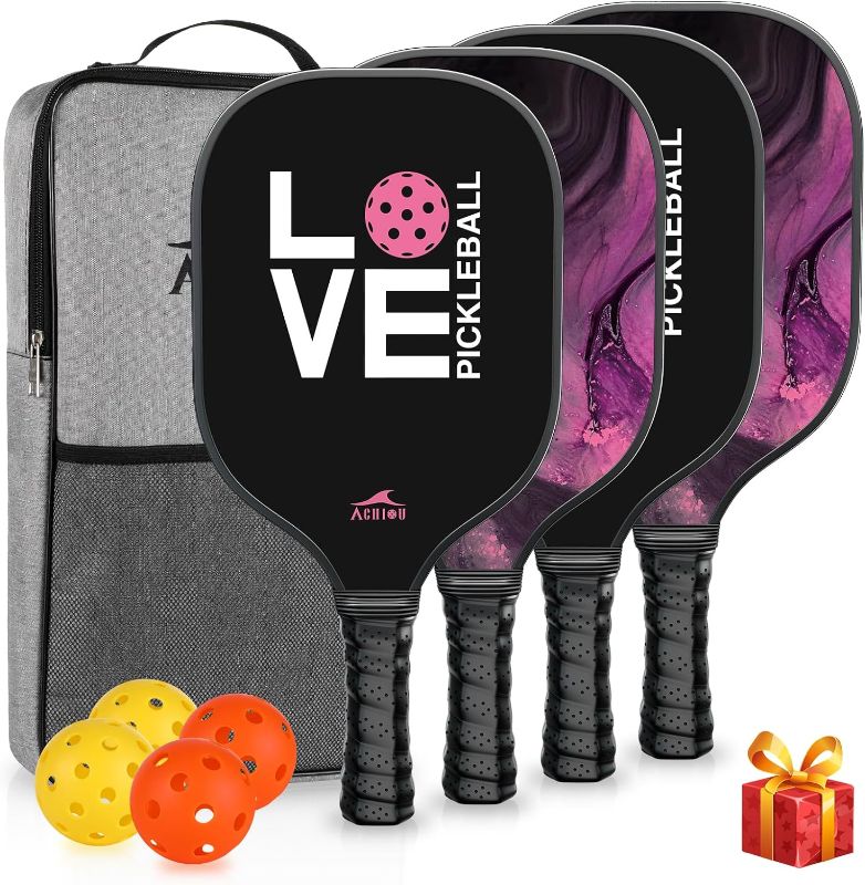 Photo 1 of Achiou Pickleball Paddles Set - High-Performance Fiberglass Surface, Lightweight Rackets with Bag, Gift for Men and Women, Includes 2 Outdoor and 2 Indoor Pickleball Ball 