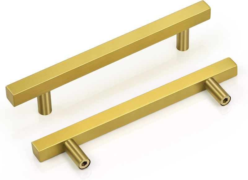 Photo 1 of GOLDENTIMEHARDWARE 5 Pack Gold Drawer Pulls,5 Inch Brushed Gold Handles for Cabinets, Gold Kitchen Cabinet Handles,Brass Cabinet Pulls,Modern T-Bar Square Dresser Handles,7 9/16 Inch Overall Length
