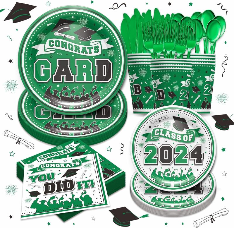 Photo 1 of Piooluialy Green Graduation Decorations Class of 2024 - Graduation Party Supplies 2024 Include Plates, Cups, Napkins, Cutlery, 2024 College High School Graduation Party Decorations | 24 Guests 