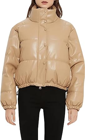 Photo 1 of Kissonic Women's Cropped Quilted Puffer Jacket Winter Faux Leather Padded Parka Coat--SMALL