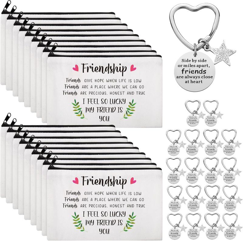 Photo 1 of Abbylike 36 Pcs Good Friend Gifts for Women Include 18 Pcs Friendship Canvas Cosmetic Bag Portable Makeup Bags and 18 Pcs Stainless Steel Heart Keychain Christmas Weekend Gifts 