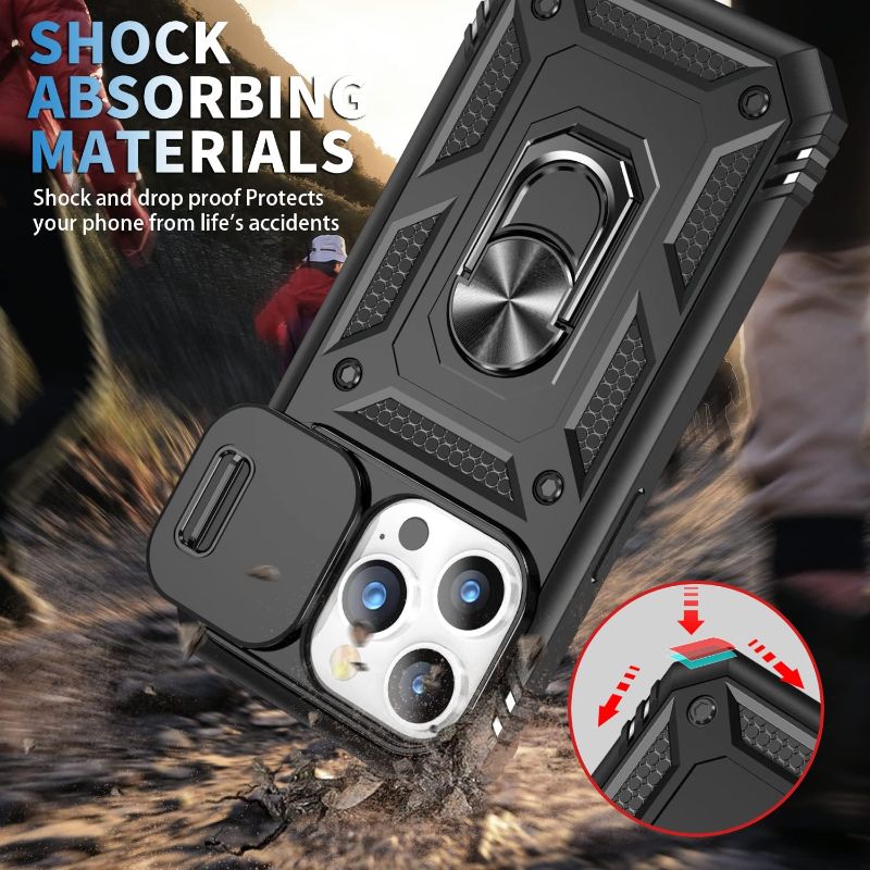 Photo 1 of for iPhone 15 Pro Max Case Kickstand with Camera Cover&Magnetic Stand Ring Military Grade Drop Shockproof Heavy Duty Protection iPhone15Pro Max6.7‘’Black
