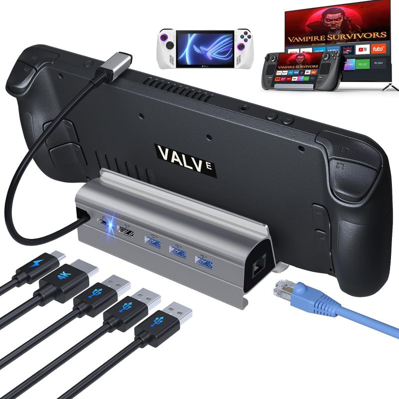 Photo 1 of Docking Station for Steam Deck ROG Ally, 6 in 1 Stream Deck Dock with HDMI 2.0 4K@60Hz, 1000Mbps Gigabit Ethernet, 3 USB-A 3.0 and Full Speed Charging USB-C Port Compatible with Valve Steam Deck 
