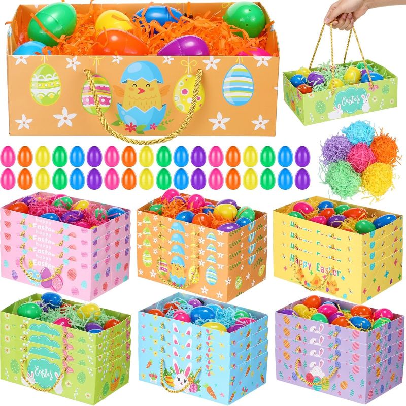Photo 1 of Cholemy 24 Pieces Easter Gift Baskets for Kids with Handles Include 24 Pcs Easter Egg Bunny Baskets 96 Pcs Empty Plastic Easter Eggs 240g Grass Easter Basket Fillers for Easter Egg Hunt Party Gifts 