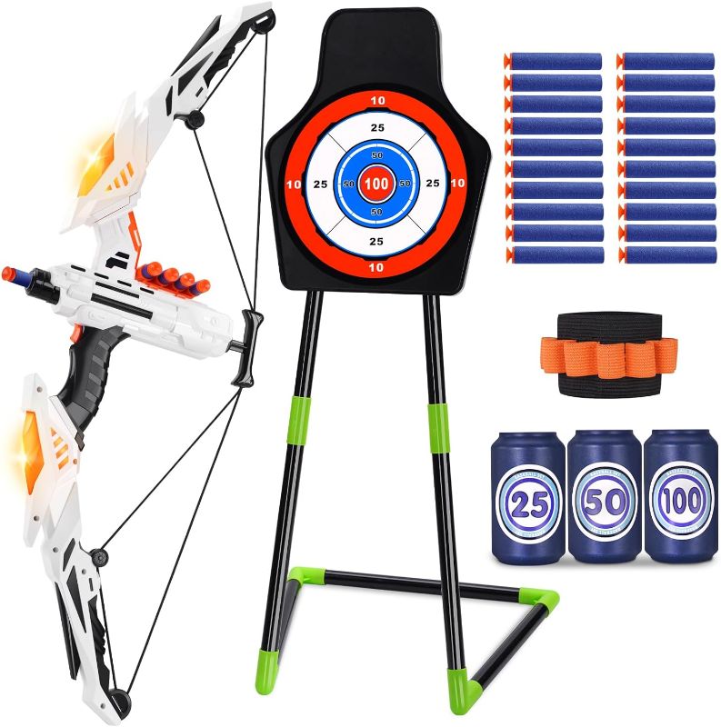 Photo 1 of maysida Bow and Arrow Set for Kids, Light Up Archery Set, 20 Suction Cup Arrows, Standing Target, Target Can & Wristband, Indoor Outdoor Game Toys for Children Boys & Girls, Gift for Kids Aged 3+ 