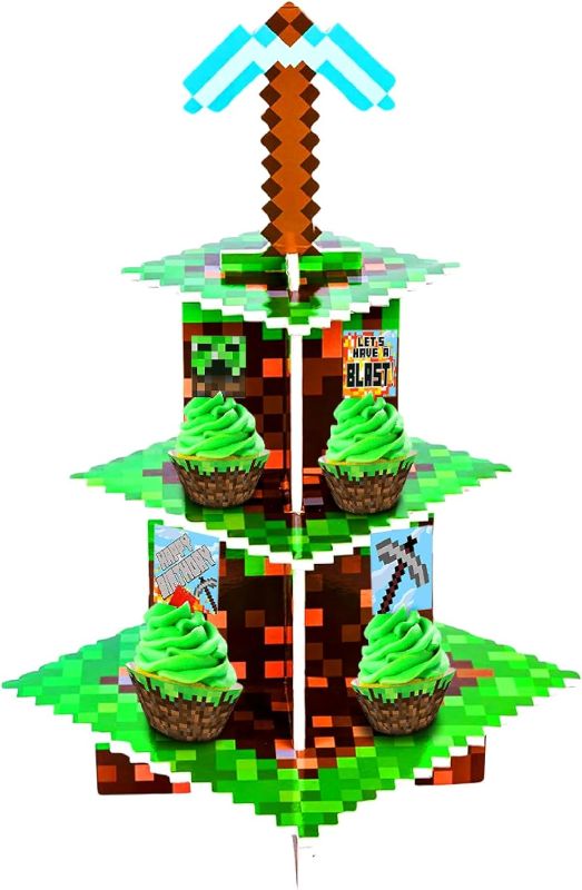 Photo 1 of Camtoms Cupcake Stands for Miner Crafting Birthday Party Decorations, Pixel Game Style Cupcake Holder 