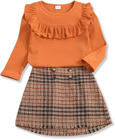 Photo 1 of PATPAT 2Pcs Toddler Girl Trendy Ruffled Ribbed Long-sleeve Tee and Plaid Button Design Plaid Skirt Set Orange --3 YEARS