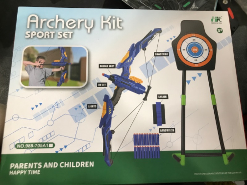 Photo 2 of Bow and Arrow Set for Kids, Light Up Archery Set, 20 Suction Cup Arrows, Standing Target, Target Can & Wristband, Indoor Outdoor Game Toys for Children Boys & Girls, Gift for Kids Aged 3+
