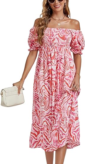 Photo 1 of [Size L] LYANER Women's Boho Floral Print Off Shoulder Shirred Short Sleeve A Line Flowy Beach Party Midi Dress