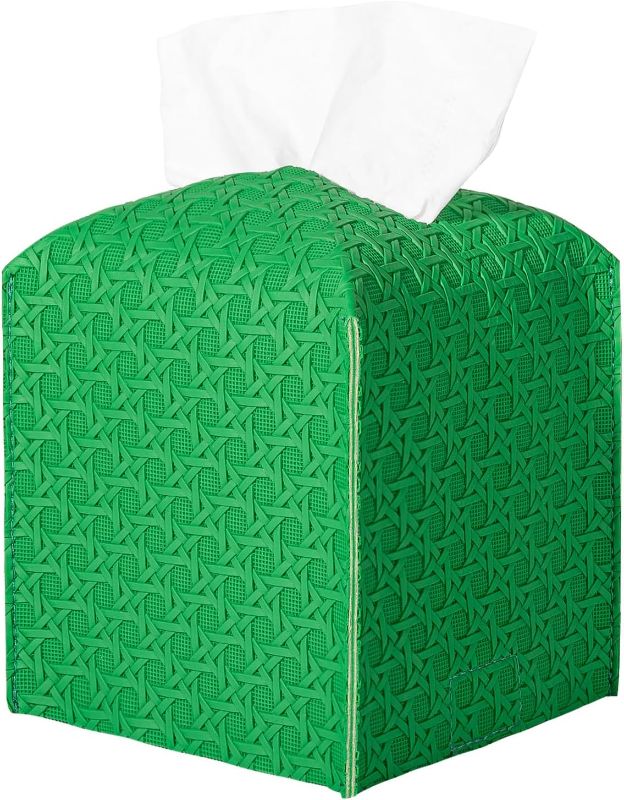 Photo 1 of Tissue Box Cover PU Leather Square Tissue Holder Facial Paper Organizer Dispenser for Bathroom Countertop, Dresser, Tabletop, Car - Light Green 