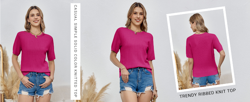 Photo 1 of [Size M] Tankaneo Womens Short Sleeve Knit T Shirts 2024 Casual Summer Crewneck Basic Ribbed Sweater Tops- Pink