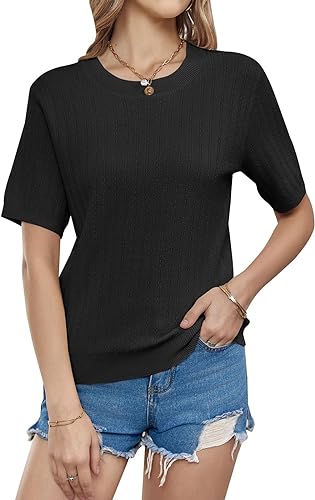 Photo 1 of [Size S] Tankaneo Womens Short Sleeve Knit T Shirts 2024 Casual Summer Crewneck Basic Ribbed Sweater Tops 