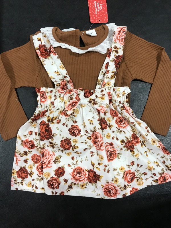 Photo 2 of [Size 3-4t] tle Children Long Dresse Toddler Baby Girls Clothes Long Sleeve Tops Shirt Floral Suspender- Brown/Roses