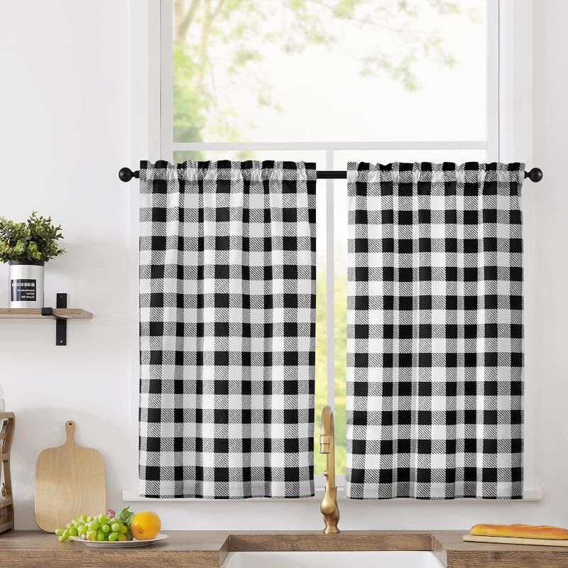 Photo 1 of JINCHAN Black Cotton Kitchen Curtains Buffalo Plaid 24 Inch Length Tier Curtains Farmhouse Gingham Check Cafe Curtains Country Small Kitchen Curtains Light Filtering Rod Pocket for Bedroom RV 2 Panels 