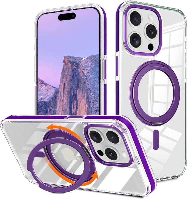 Photo 1 of STERKER 360° Rotatable Ring for iPhone 15 ProMax Case Clear [Compatible with Magnet][Never Yellowing] Non-Slip case with Stand, Magnetic Ring Holder Slim 15 Pro Max Phone Case 6.7", Purple 