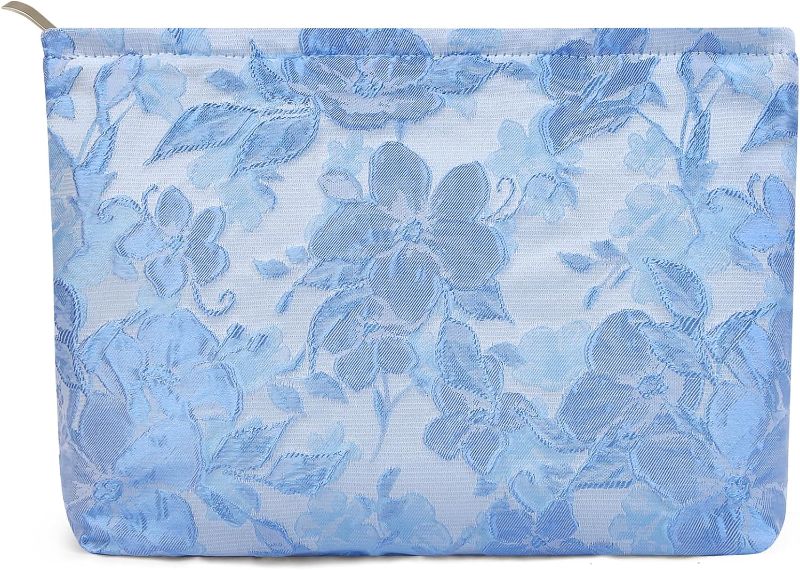 Photo 1 of MAGEFY Cosmetic Bag for Women Small Makeup Bag Floral Makeup Bag Canvas Zippered Makeup Pouch Blue