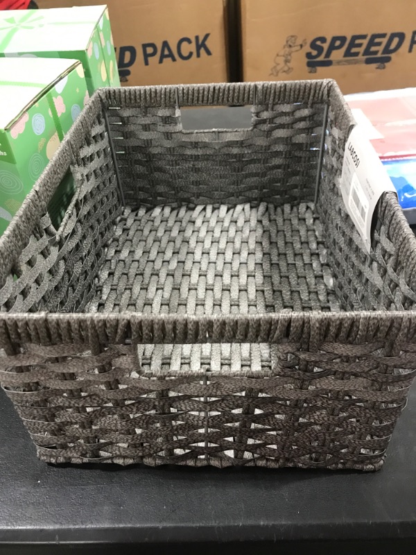 Photo 2 of Labcosi Large Wicker Basket, Plastic Wicker Storage Basket, Wicker Storage Basket for Bathroom, Plastic Storage Bin with Built-in Handles, Grey, 15 "L x 11 "W x 6.75 "H, 1 Pack Plastic(Grey)