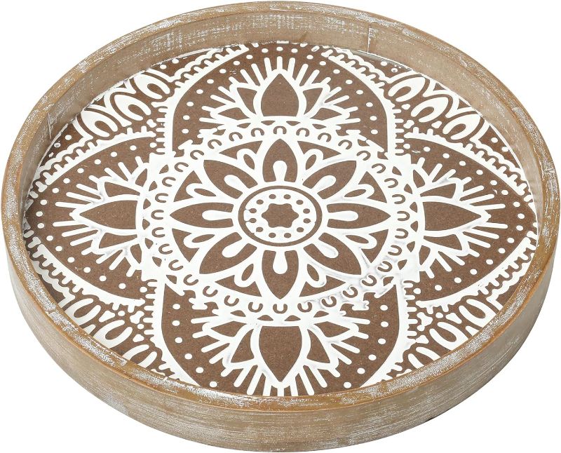 Photo 1 of SwallowLiving Rustic Boho Round Wood Decorative Coffee Table Tray White Washed Centerpiece Serving Tray for Farmhouse Décor Perfect for Kitchen Counter Ottoman and Home