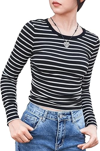 Photo 1 of [Size 8-9yrs] COZYEASE Girls' Striped Print Ribbed Knit Crop Tee Long Sleeve Crew Neck T Shirt Tops 