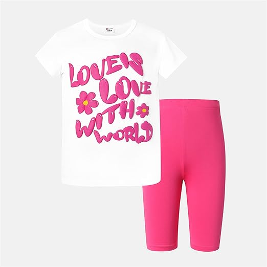 Photo 1 of [Size 9-10yrs] PATPAT Toddler Girls Clothes 2-piece Kid Girl Letter Leaf Print Tee and Elasticized Leggings Set
