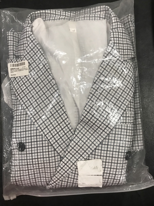 Photo 2 of [Size L] Mens Plaid Slim Fit 2 Pieces Suit Casual Notched Lapel Blazer Tuxedo Sport Coat Trousers Large Silver