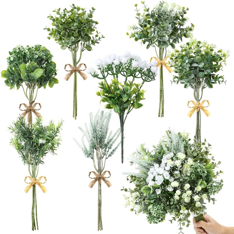 Photo 1 of Crowye 7 Styles Artificial Green Filler for Wedding Bouquet Artificial Greenery Stems Branches Fake Plant Filler Faux Greenery Picks for Wedding Table Centerpieces Floral Arrangement DIY Vase Decor