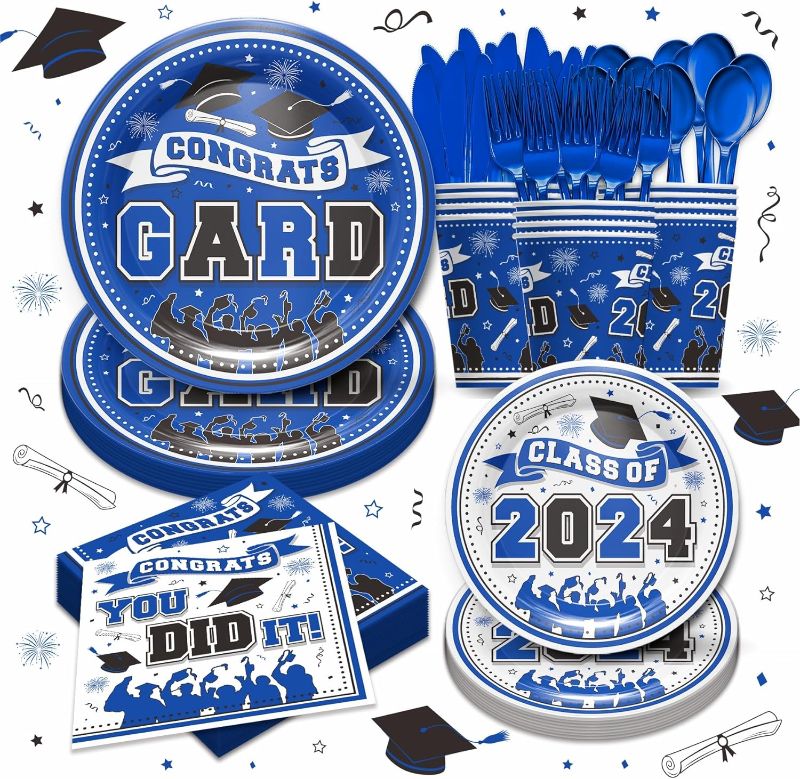 Photo 1 of Blue Graduation Decorations Class of 2024 - Graduation Party Supplies 2024 Include Plates, Cups, Napkins, Cutlery, 2024 College High School Graduation Party Decorations | 24 Guests
