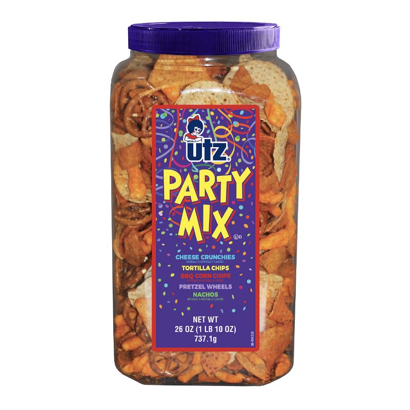 Photo 1 of Utz Party Mix - 26 Ounce Barrel - Tasty Snack Mix Includes Corn Tortillas, Nacho Tortillas, Pretzels, BBQ Corn Chips and Cheese Curls, Easy and Quick Party Snacks, Cholesterol Free and Trans-Fat Free - EXP 05/27/2024