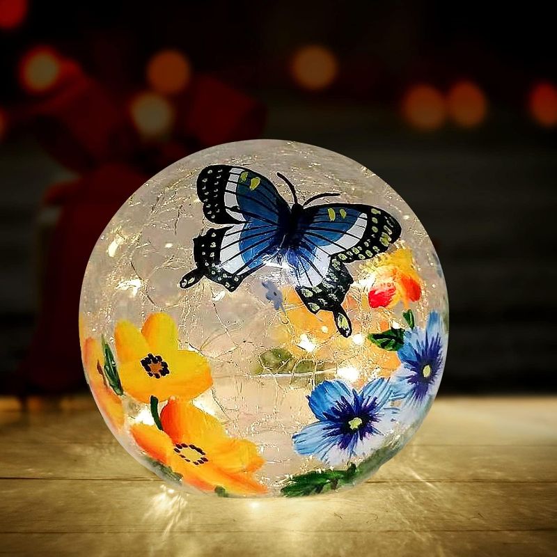 Photo 1 of 1 Pack Crackle Glass Ball Light Butterfly Floral Pattern LED Night Light Indoor Tabletop Decorative Sphere Lamp for Home Decor Christmas Birthday Wedding Girls Women's Gift 5.7 Inch
