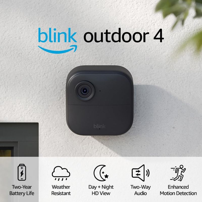 Photo 1 of Blink Outdoor 4 (4th Gen) + Blink Mini – Smart security camera, two-way talk, HD live view, motion detection, set up in minutes, Works with Alexa – 1 camera system + Mini (Black) 1 Camera System + Free Blink Mini Cam (Black)