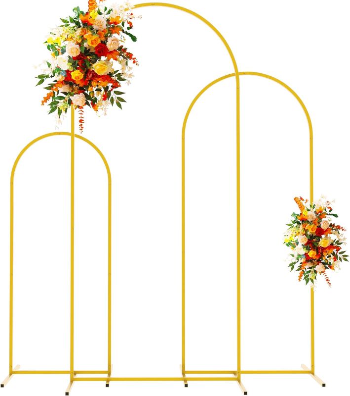 Photo 1 of Metal Arch Backdrop Stand Gold Wedding Arch Stand Set of 3 (6FT/5FT/4FT) Square Arched Frame for Birthday Party Ceremony Outdoor Indoor Celebration Decoration
