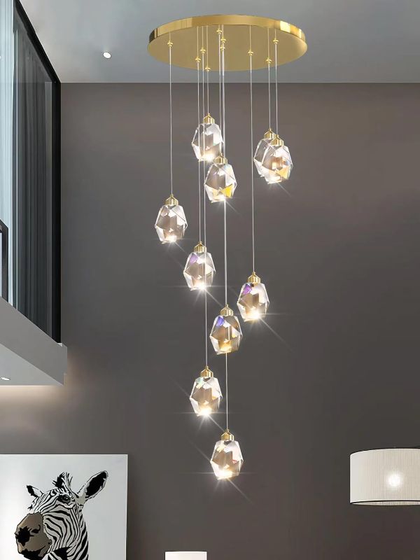 Photo 1 of 10-Lights Gold Staircase Chandeliers 120inches Long Crystal Pendant Light Entrance High Ceiling Chandeliers Dimmable 3000-6000K
